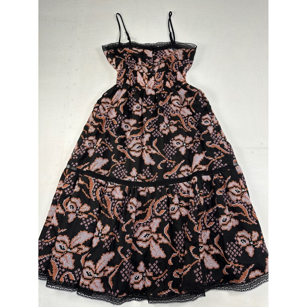 Anthropologie Embroidered Cross Stitch Floral Midi Dress Black Small Lace Trim - Picture 11 of 14